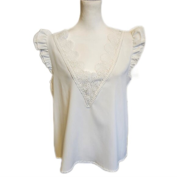 SHEIN lace v-neck, ruffle sleeve blouse top in white,  size L - Picture 1 of 5